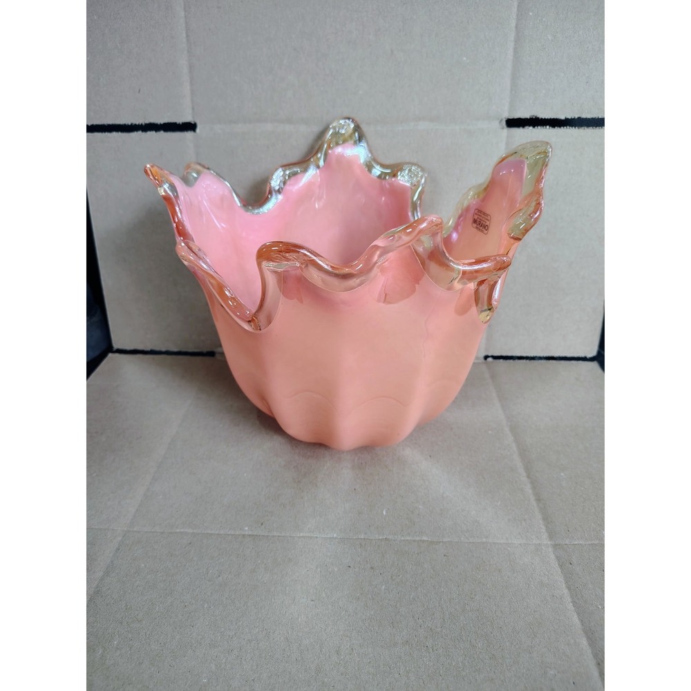 Murano Art Glass Bowl, 7" Tall, Pink & Clear Splash Glass, Italy, Hand Blown
